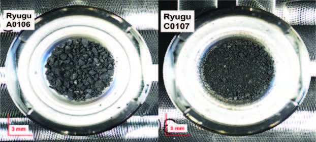 Photographs of samples A0106 and C0107 collected from the asteroid Ryugu, during the 1st touchdown sampling and 2nd touchdown sampling, respectively. Photo Source: Oba et. al., Nat Commun 2023, 14, 1292