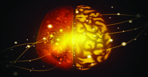 A conceptual image illustrating the translation of human thoughts into text, featuring a brain divided into two halves; one side is a golden, organic brain structure and the other is transformed into a circuit board glowing with interconnected lines of data.