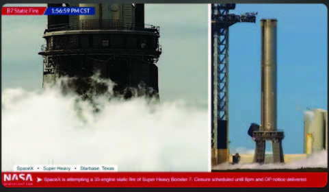 SpaceX is attempting a 33-engine static fire of its Super Heavy Booster 7 at Starbase in Texas. Photo Source: Video screenshot from NASA Spaceflight YouTube channel